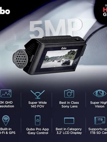 Qubo Car DashCam Pro 3K Dual Channel from Hero Group, Made in India, 5MP Front QHD 2MP Rear FHD, 140° View, 3.2″ LCD Display, GPS Logger, Emergency Recording, Supports Up to 1 TB SD Card